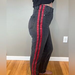 BDG red vinyl striped high rise black faded denim jeans